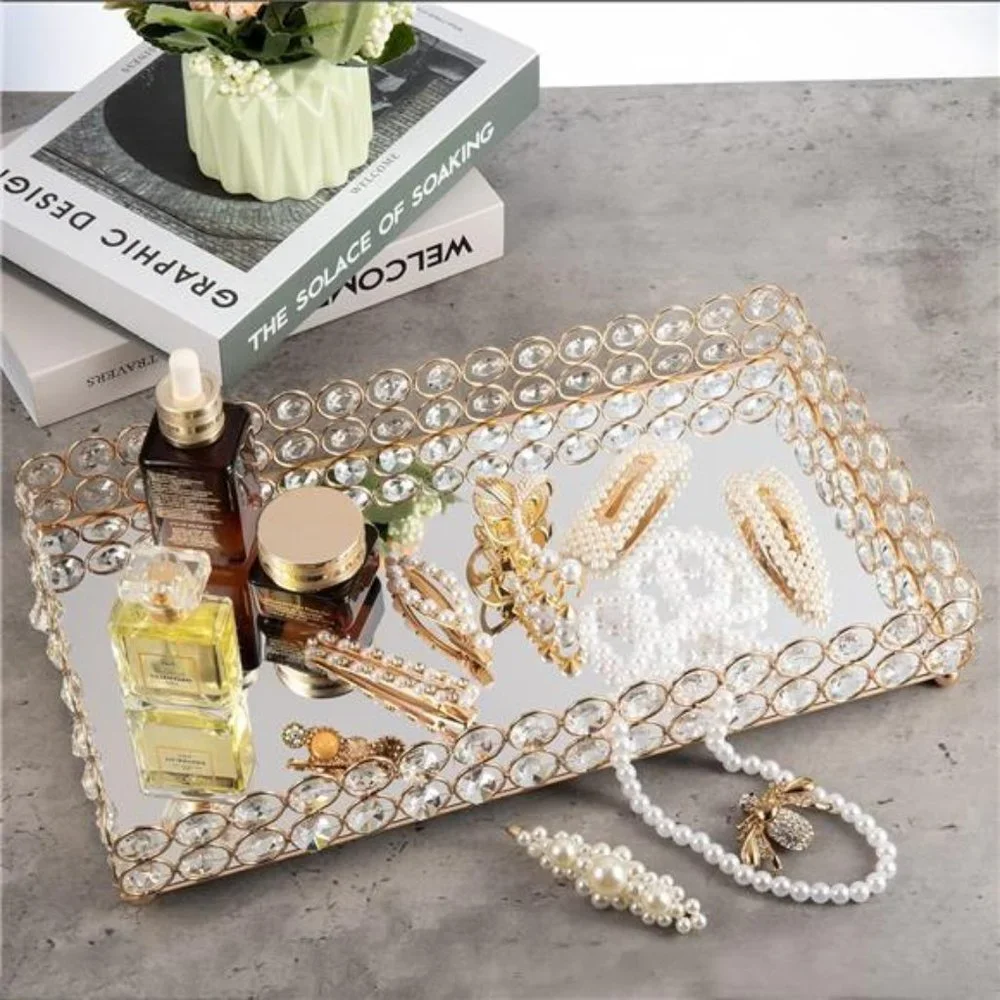 Large Crystal Rectangle Mirrored Tray Cosmetic Vanity Tray Organizer Tray